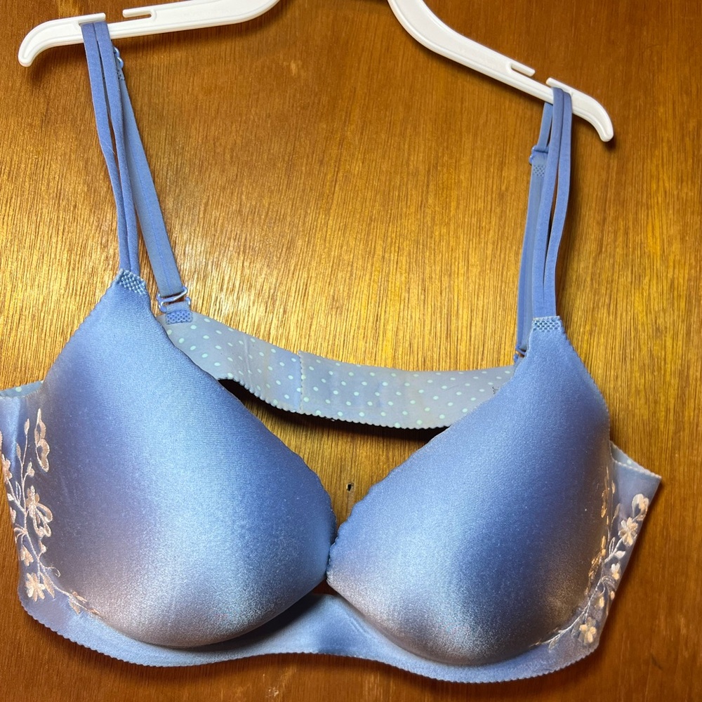 Victoria's Secret Angels Secret Embrace Bra Blue Satin Embroidered Floral 38C